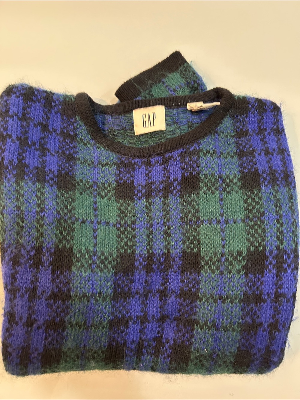 Vintage !! GAP women’s Green & Blue Plaid Crewneck Sweater Mohair cotton wool